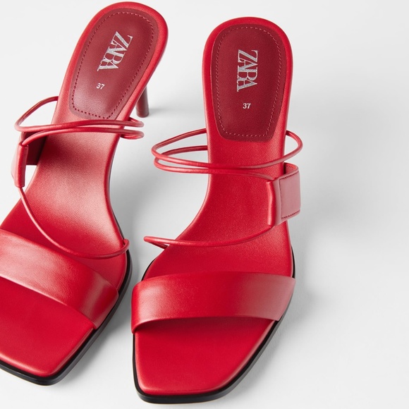 ZARA RED 100% LEATHER HEELED STRAPPY SANDALS - Picture 3 of 11